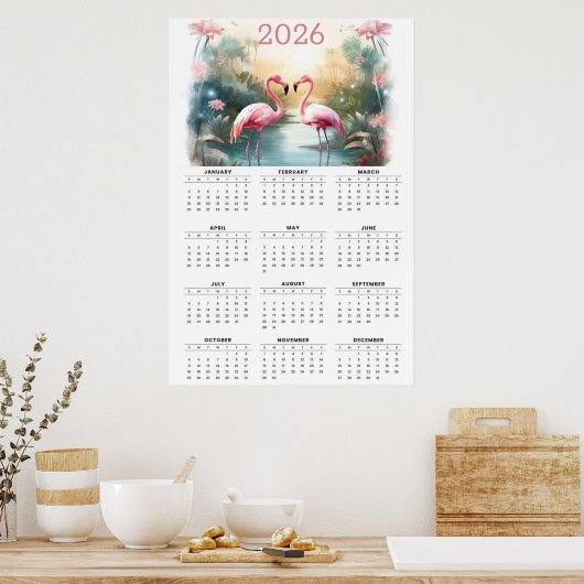 Pink Flamingos in Paradise: 2026 Wall Calendar Poster (Keuken)