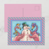 PINK FLAMINGOS MAKEN SNOWMAN, FUNNY CHRISTMAS BIRD BRIEFKAART (Voorkant / Achterkant)