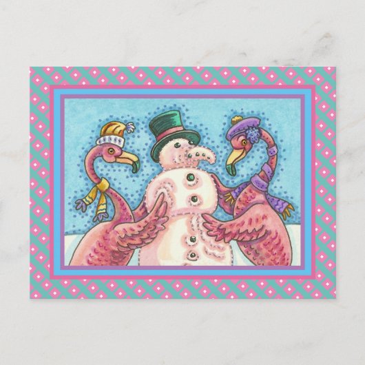 PINK FLAMINGOS MAKEN SNOWMAN, FUNNY CHRISTMAS BIRD BRIEFKAART (Voorkant)