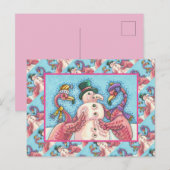 PINK FLAMINGOS MAKEN SNOWMAN, FUNNY CHRISTMAS BIRD BRIEFKAART (Voorkant / Achterkant)