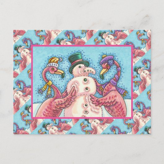 PINK FLAMINGOS MAKEN SNOWMAN, FUNNY CHRISTMAS BIRD BRIEFKAART (Voorkant)