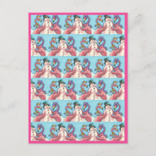 PINK FLAMINGOS MAKEN SNOWMAN, FUNNY CHRISTMAS BIRD BRIEFKAART