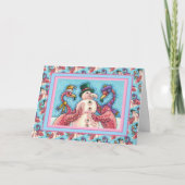 PINK FLAMINGOS MAKEN SNOWMAN, FUNNY CHRISTMAS BIRD FEESTDAGEN KAART (Voorkant)