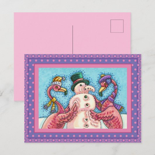 PINK FLAMINGOS MAKEN SNOWMAN, FUNNY CHRISTMAS BIRD FEESTDAGENKAART (Voorkant / Achterkant)