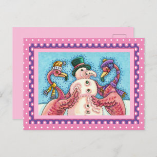 PINK FLAMINGOS MAKEN SNOWMAN, FUNNY CHRISTMAS BIRD FEESTDAGENKAART