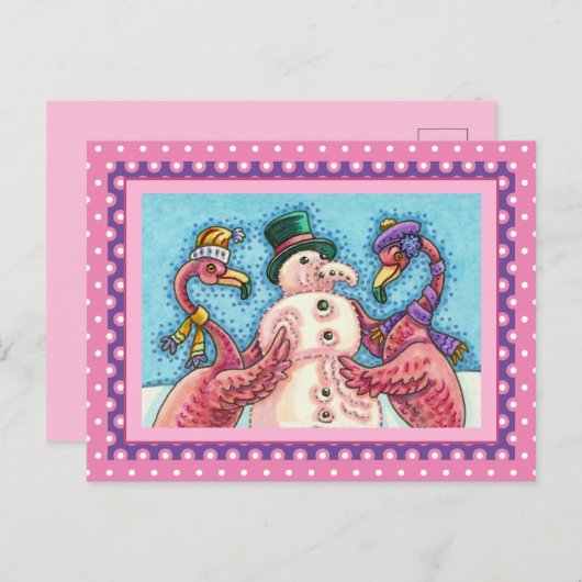 PINK FLAMINGOS MAKEN SNOWMAN, FUNNY CHRISTMAS BIRD FEESTDAGENKAART (Voorkant / Achterkant)