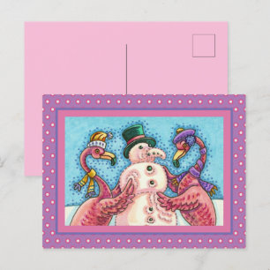 PINK FLAMINGOS MAKEN SNOWMAN, FUNNY CHRISTMAS BIRD FEESTDAGENKAART