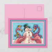 PINK FLAMINGOS MAKEN SNOWMAN, FUNNY CHRISTMAS BIRD FEESTDAGENKAART (Voorkant / Achterkant)