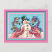 PINK FLAMINGOS MAKEN SNOWMAN, FUNNY CHRISTMAS BIRD FEESTDAGENKAART (Voorkant)