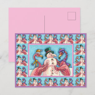 PINK FLAMINGOS MAKEN SNOWMAN, FUNNY CHRISTMAS BIRD FEESTDAGENKAART