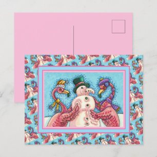 PINK FLAMINGOS MAKEN SNOWMAN, FUNNY CHRISTMAS BIRD FEESTDAGENKAART