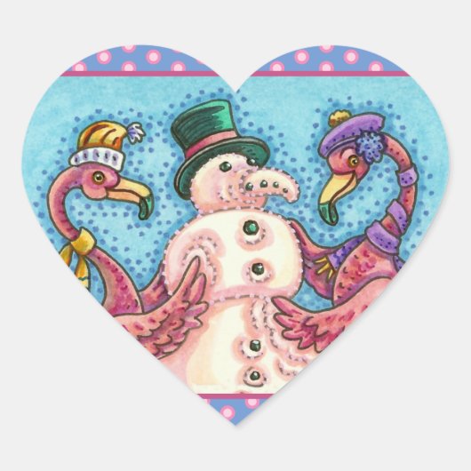 PINK FLAMINGOS MAKEN SNOWMAN, FUNNY CHRISTMAS BIRD HART STICKER (Voorkant)