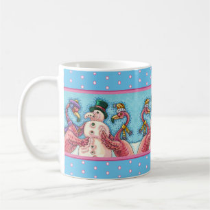 PINK FLAMINGOS MAKEN SNOWMAN, FUNNY CHRISTMAS BIRD KOFFIEMOK