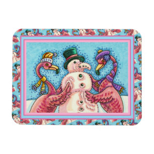 PINK FLAMINGOS MAKEN SNOWMAN, FUNNY CHRISTMAS BIRD MAGNEET