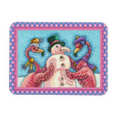 PINK FLAMINGOS MAKEN SNOWMAN, FUNNY CHRISTMAS BIRD MAGNEET (Horizontaal)