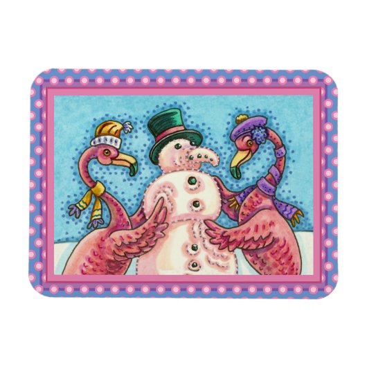 PINK FLAMINGOS MAKEN SNOWMAN, FUNNY CHRISTMAS BIRD MAGNEET (Horizontaal)