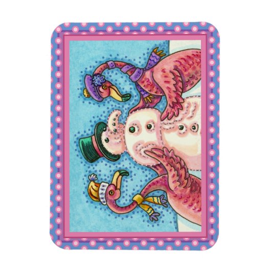 PINK FLAMINGOS MAKEN SNOWMAN, FUNNY CHRISTMAS BIRD MAGNEET (Verticaal)