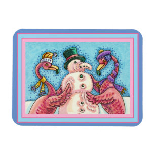 PINK FLAMINGOS MAKEN SNOWMAN, FUNNY CHRISTMAS BIRD MAGNEET