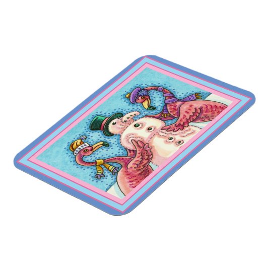 PINK FLAMINGOS MAKEN SNOWMAN, FUNNY CHRISTMAS BIRD MAGNEET (Linkerzijde)