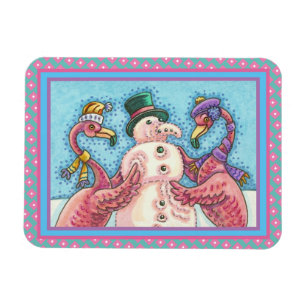 PINK FLAMINGOS MAKEN SNOWMAN, FUNNY CHRISTMAS BIRD MAGNEET