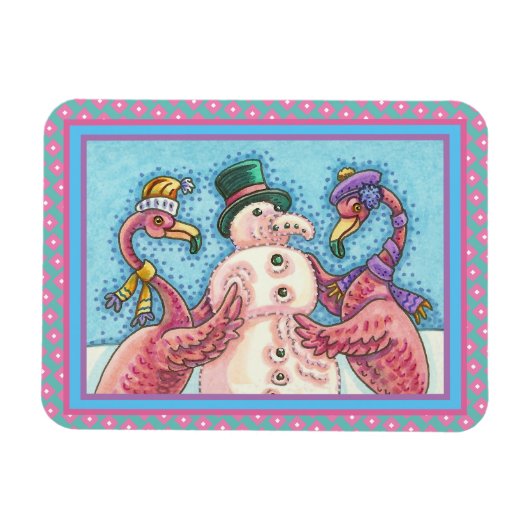 PINK FLAMINGOS MAKEN SNOWMAN, FUNNY CHRISTMAS BIRD MAGNEET (Horizontaal)