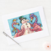 PINK FLAMINGOS MAKEN SNOWMAN, FUNNY CHRISTMAS BIRD RECHTHOEKIGE STICKER (Envelop)