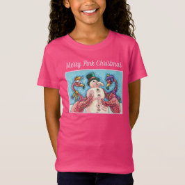 PINK FLAMINGOS MAKEN SNOWMAN, FUNNY CHRISTMAS BIRD T-SHIRT