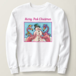 PINK FLAMINGOS MAKEN SNOWMAN, FUNNY CHRISTMAS BIRD TRUI