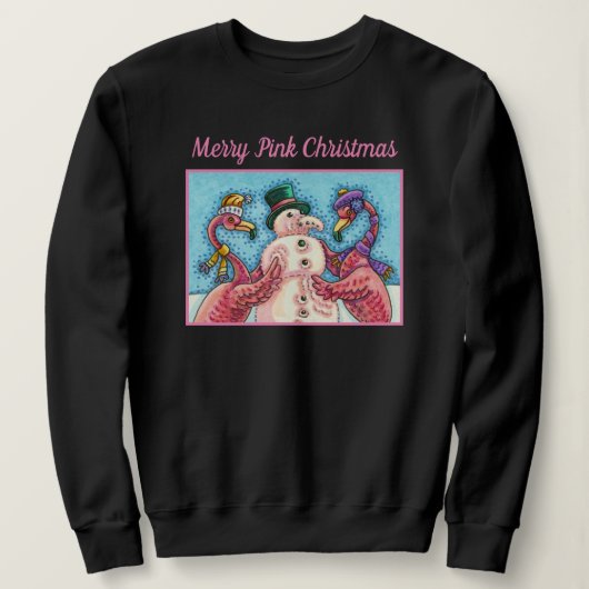 PINK FLAMINGOS MAKEN SNOWMAN, FUNNY CHRISTMAS BIRD TRUI (Design voorkant)