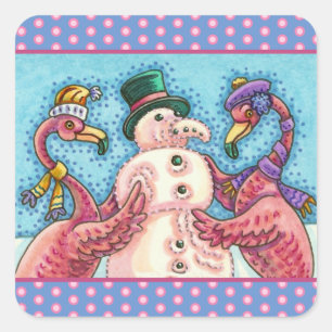 PINK FLAMINGOS MAKEN SNOWMAN, FUNNY CHRISTMAS BIRD VIERKANTE STICKER