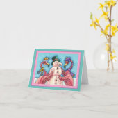 PINK FLAMINGOS MAKEN SNOWMAN, FUNNY CHRISTMAS Blan Kaart (Gele Bloem)