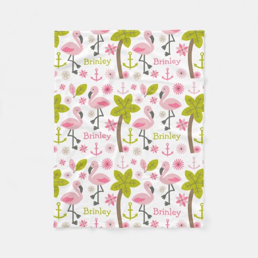 Pink Flamingos Palm Trees Beach, gepersonaliseerd Fleece Deken (Voorkant)