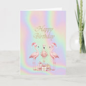 Pink Flamingos Santa Hat Holographic Birthday Kaart (Voorkant)