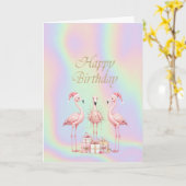  Pink Flamingos Santa Hat Holographic Birthday  Kaart (Gele Bloem)