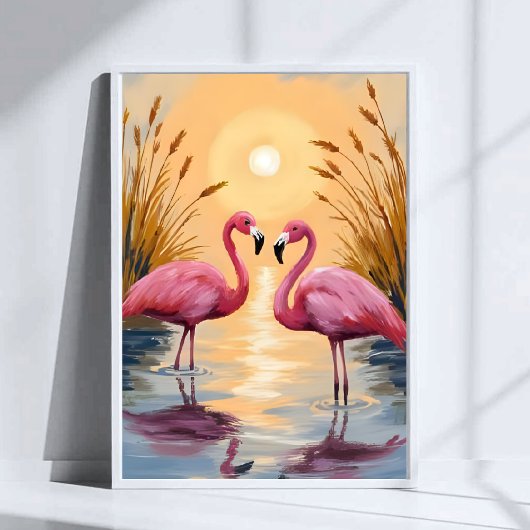 Pink Flamingos Sunset Animal Painting Poster