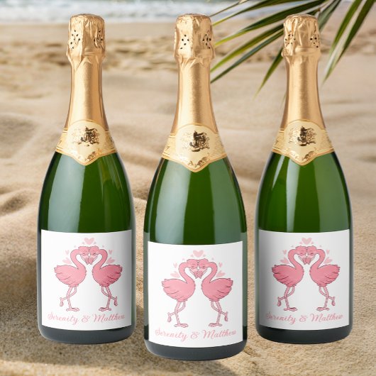 Pink Flamingos Tropical Summer Beach Wedding Sparkling Wijnetiket