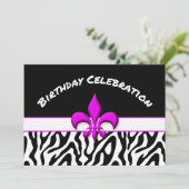 Pink Fleur de Lis Zebra Pattern Birthday Kaart (Staand voorkant)