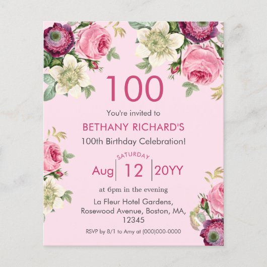 Pink Floral | 100e Budget Verjaardag Uitnodiging (Voorkant)