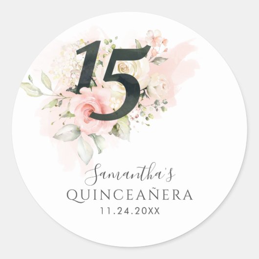 Pink Floral 15th Birthday Quinceanera Greenery Ronde Sticker (Voorkant)