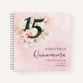 Pink Floral 15th Birthday Script Party Gastboek Notitieboek (Voorkant)