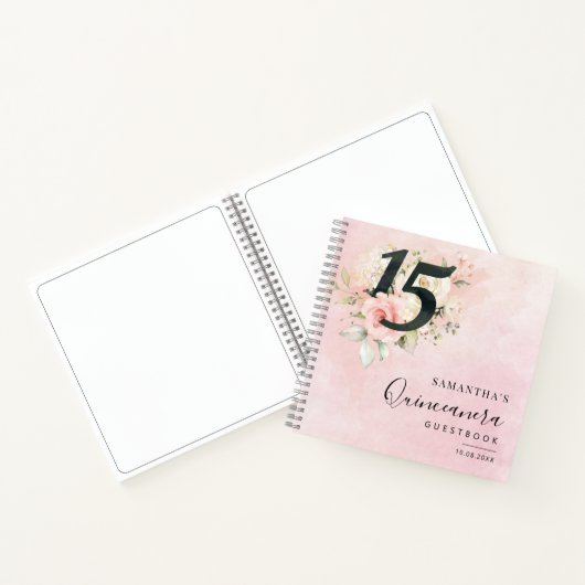 Pink Floral 15th Birthday Script Party Gastboek Notitieboek (Binnen)