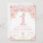Pink Floral 1e verjaardag Princess Invitation Girl Kaart (Voorkant)