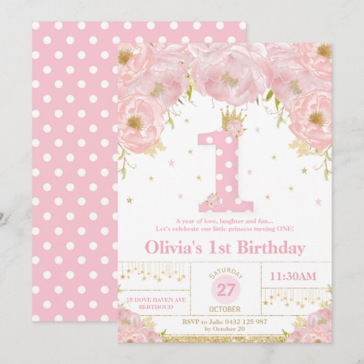 Pink Floral 1e verjaardag Princess Invitation Girl Kaart (Voorkant / Achterkant)