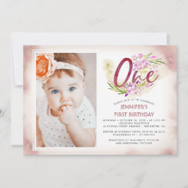 Pink Floral 1st Birthday Foto Kaart