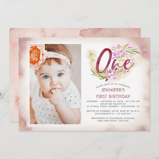 Pink Floral 1st Birthday Foto Kaart (Voorkant / Achterkant)