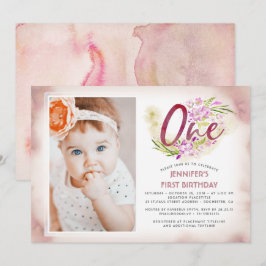 Pink Floral 1st Birthday Foto Kaart