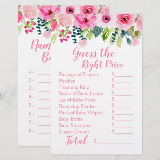 Pink Floral 2 Baby shower games Raad prijs & voeds (Voorkant / Achterkant)