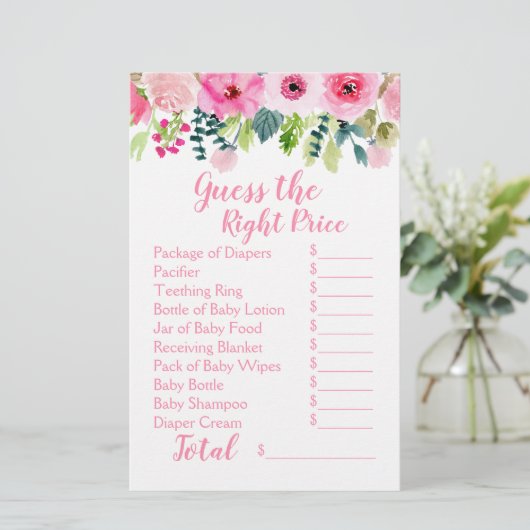 Pink Floral 2 Baby shower games Raad prijs & voeds (Staand voorkant)