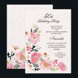 Pink Floral 50th Birthday Party Kaart<br><div class="desc">Elegante tuinbloemen in roze tinten en uw formulering in chique belettering,  dit bloemige ontwerp is perfect voor uitnodigingen voor verjaardagsfeestjes van elke leeftijd. Overeenkomende items in ons collectie.</div>