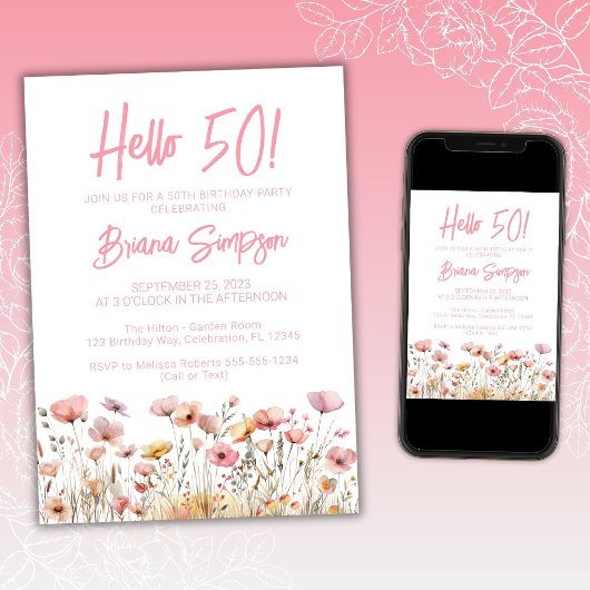 Pink Floral 50th Birthday Party Kaart